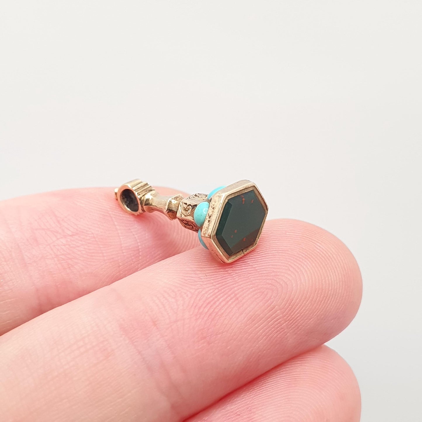 Antique 9ct Gold Bloodstone Turquoise Fob Pendant Victorian Necklace Charm Solid 9k 375 Gemstone Gift Vintage Womens Jewellery Jewelry