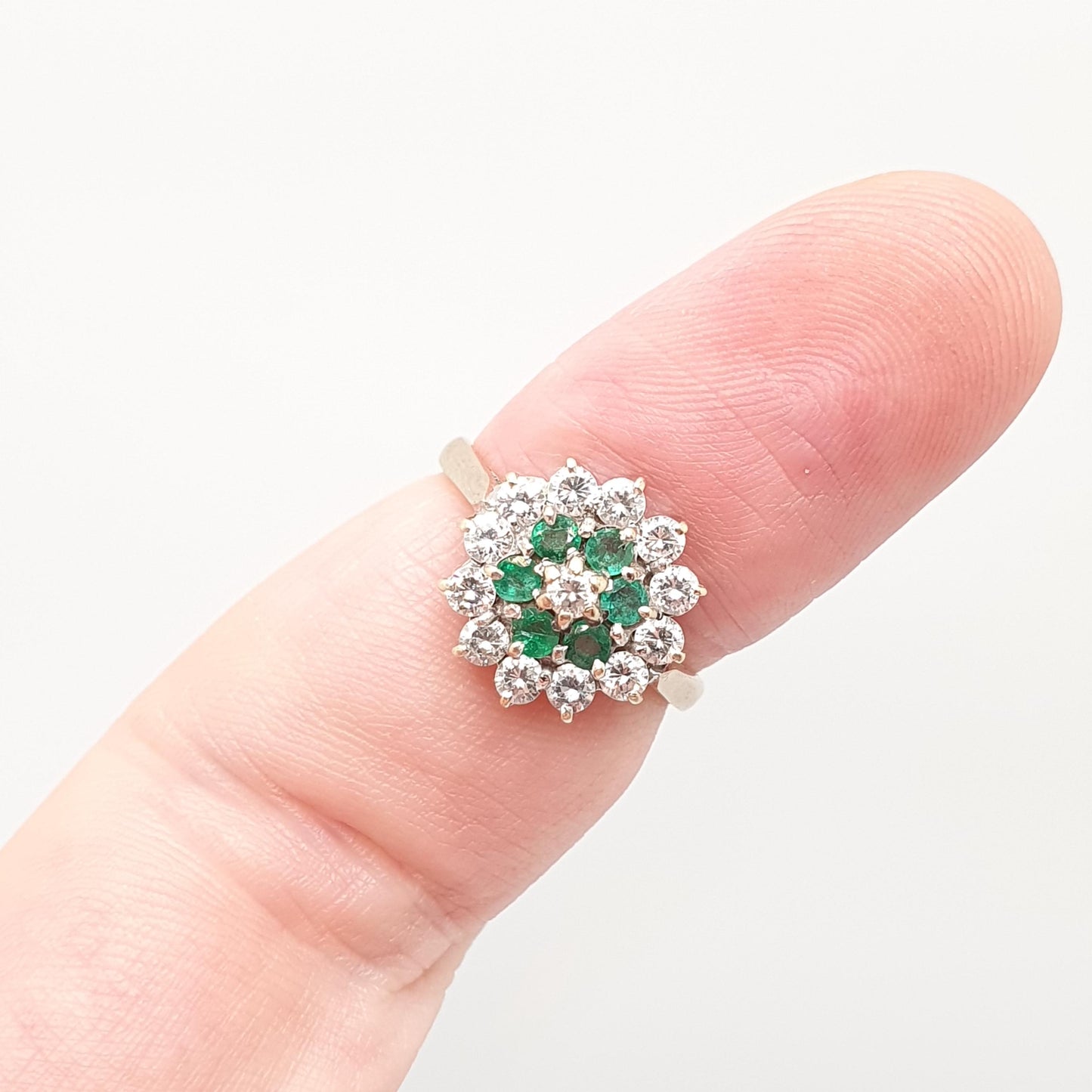 Vintage 9k Gold Emerald Ring Cluster CZ Cubic Zirconia Solid 9ct 375 Hallmarked Estate Fine Jewelry Jewellery Womans Retro Genuine Real