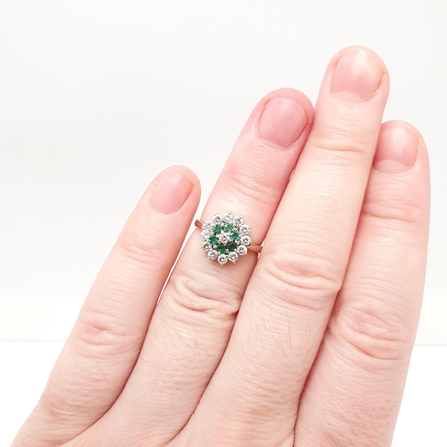 Vintage 9k Gold Emerald Ring Cluster CZ Cubic Zirconia Solid 9ct 375 Hallmarked Estate Fine Jewelry Jewellery Womans Retro Genuine Real