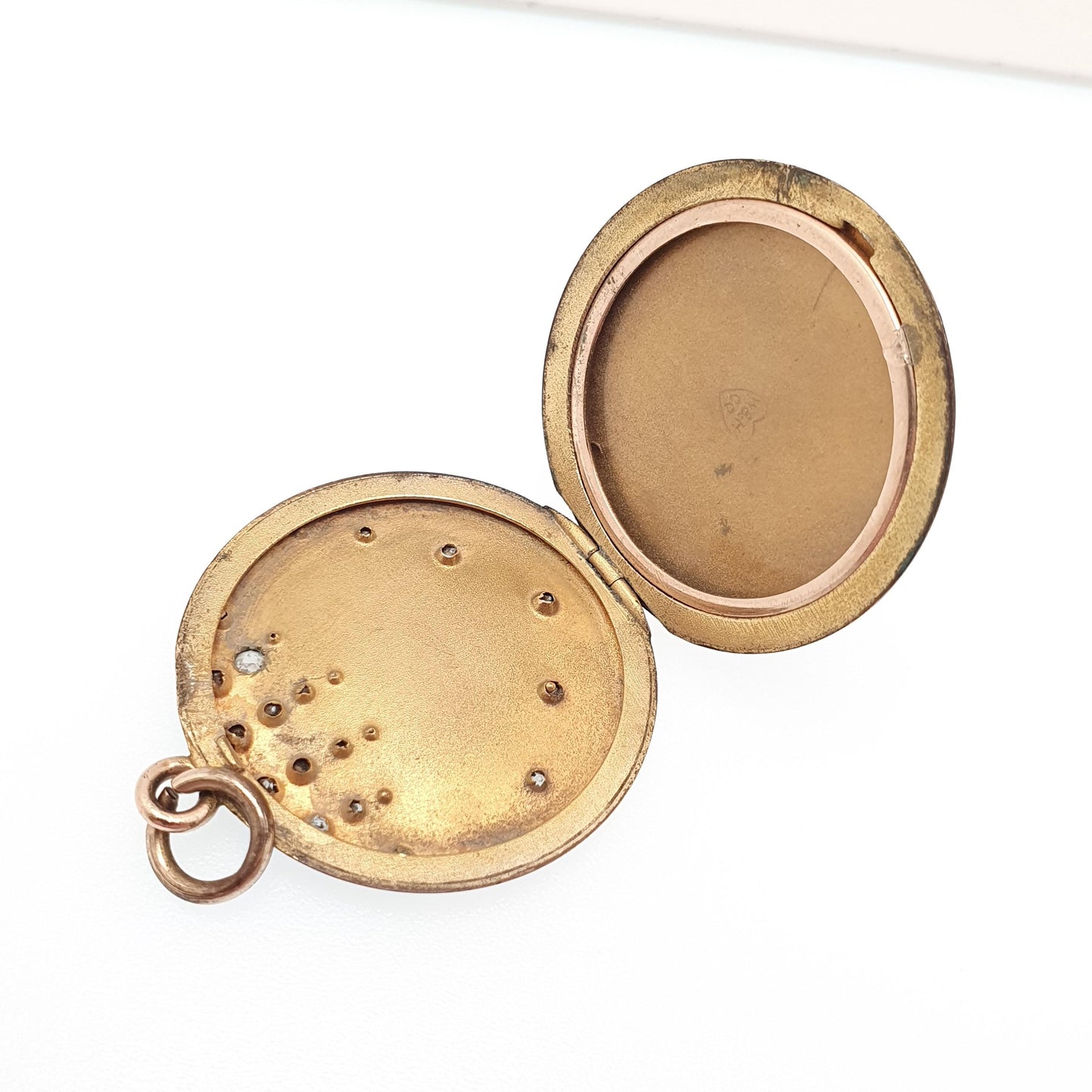 Antique Crescent Moon Rolled Gold Locket Diamond Paste Centre Filled Sparkly Round Circle Rare Photo Womens Vintage Jewelry Jewellery