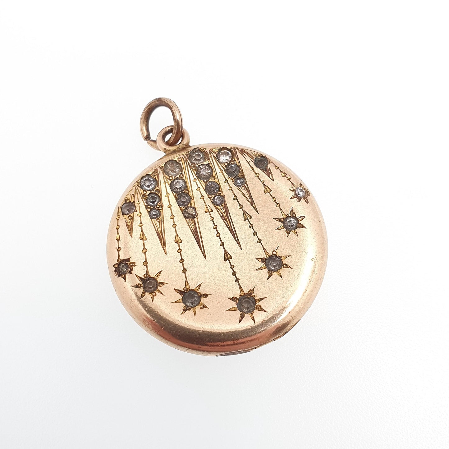 Antique Crescent Moon Rolled Gold Locket Diamond Paste Centre Filled Sparkly Round Circle Rare Photo Womens Vintage Jewelry Jewellery