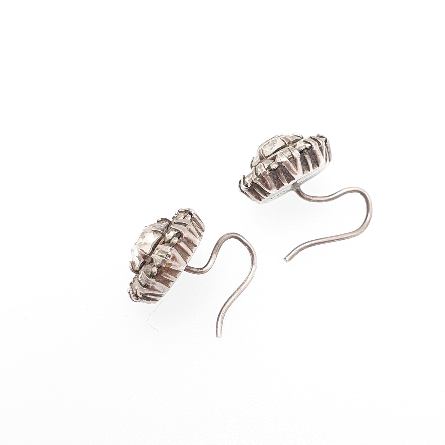 Antique Sterling Silver Diamond Paste Earrings Hook Cluster Sparkly Foiled Glass Vintage 1910s Gift Dress Solid 925 Womens Jewelry Jewellery
