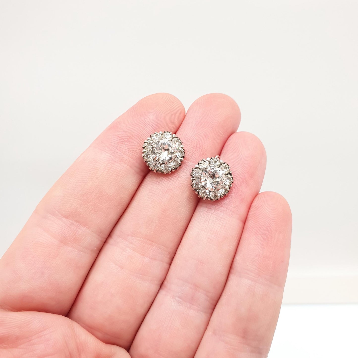 Antique Sterling Silver Diamond Paste Earrings Hook Cluster Sparkly Foiled Glass Vintage 1910s Gift Dress Solid 925 Womens Jewelry Jewellery