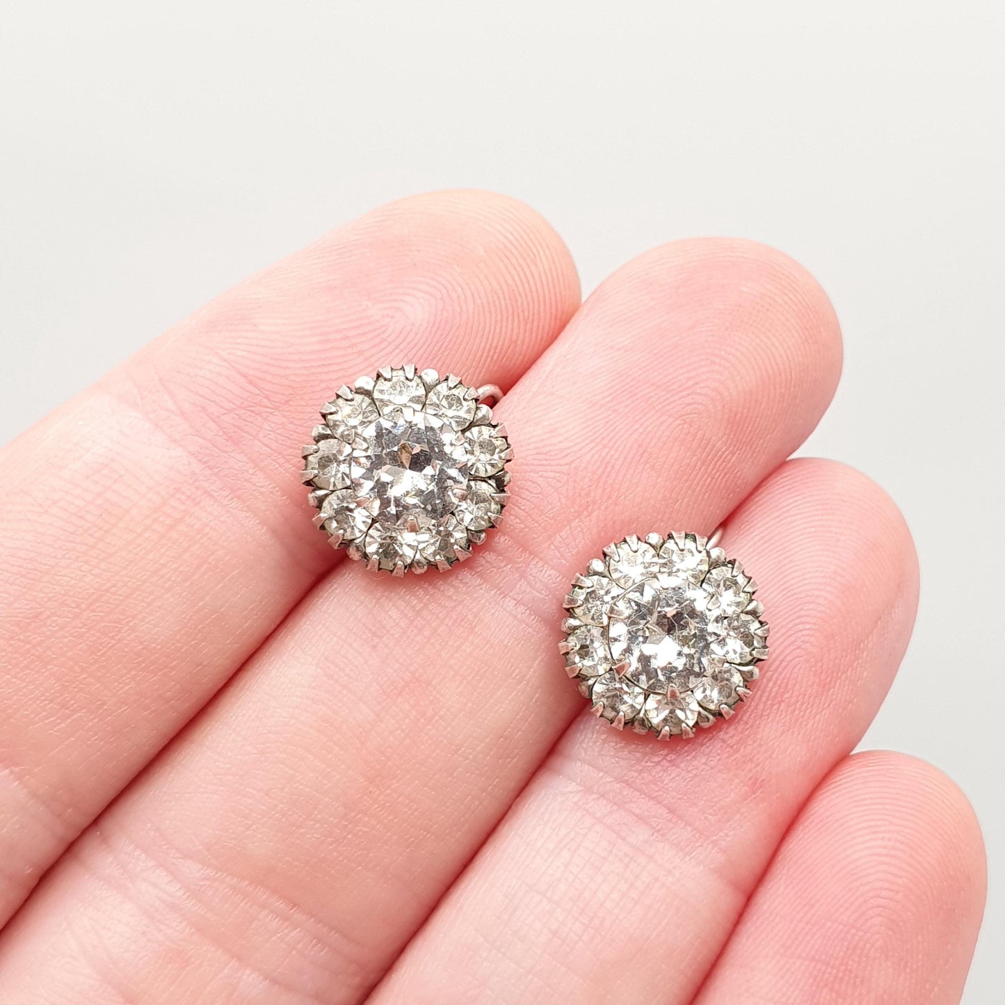 Antique Sterling Silver Diamond Paste Earrings Hook Cluster Sparkly Foiled Glass Vintage 1910s Gift Dress Solid 925 Womens Jewelry Jewellery