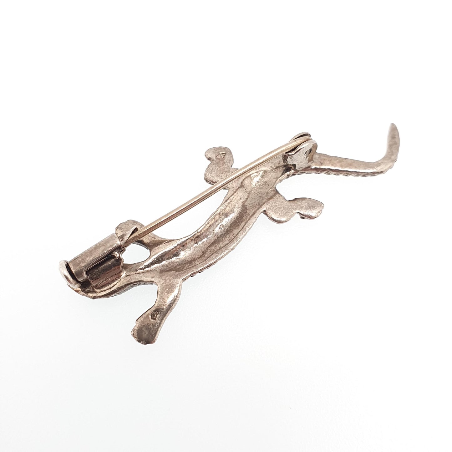 Antique Solid Silver Lizard Brooch Marcasite Ruby Paste Eyes 1920s French Art Deco Reptile Animal Gecko Vintage Womens Jewelry Jewellery