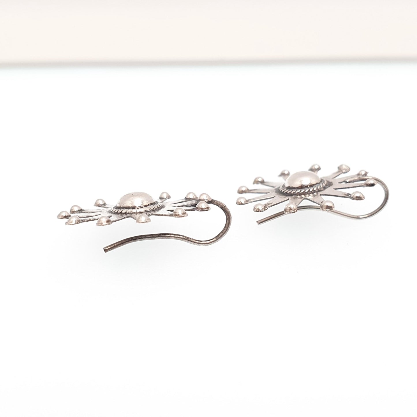 Antique Victorian Solid Silver Star Earrings Engraved Starburst Sunburst Etruscan Genuine Estate Fine 1800s Hook Vintage Jewelry Jewellery
