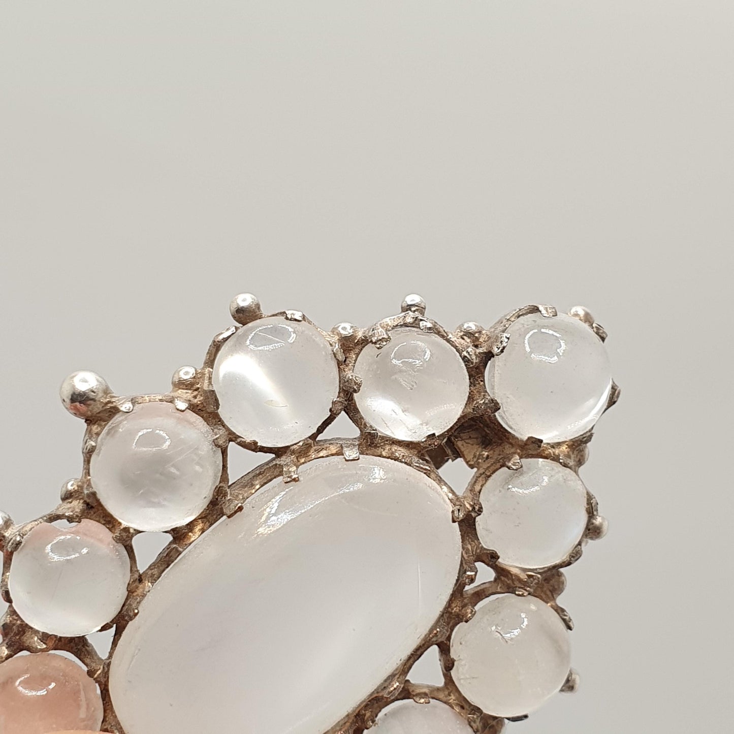 Antique Solid Silver Moonstone Brooch Victorian Large Cluster Halo Big Cabochon Cut Vintage Blue Adularescence Womens Jewelry Jewellery