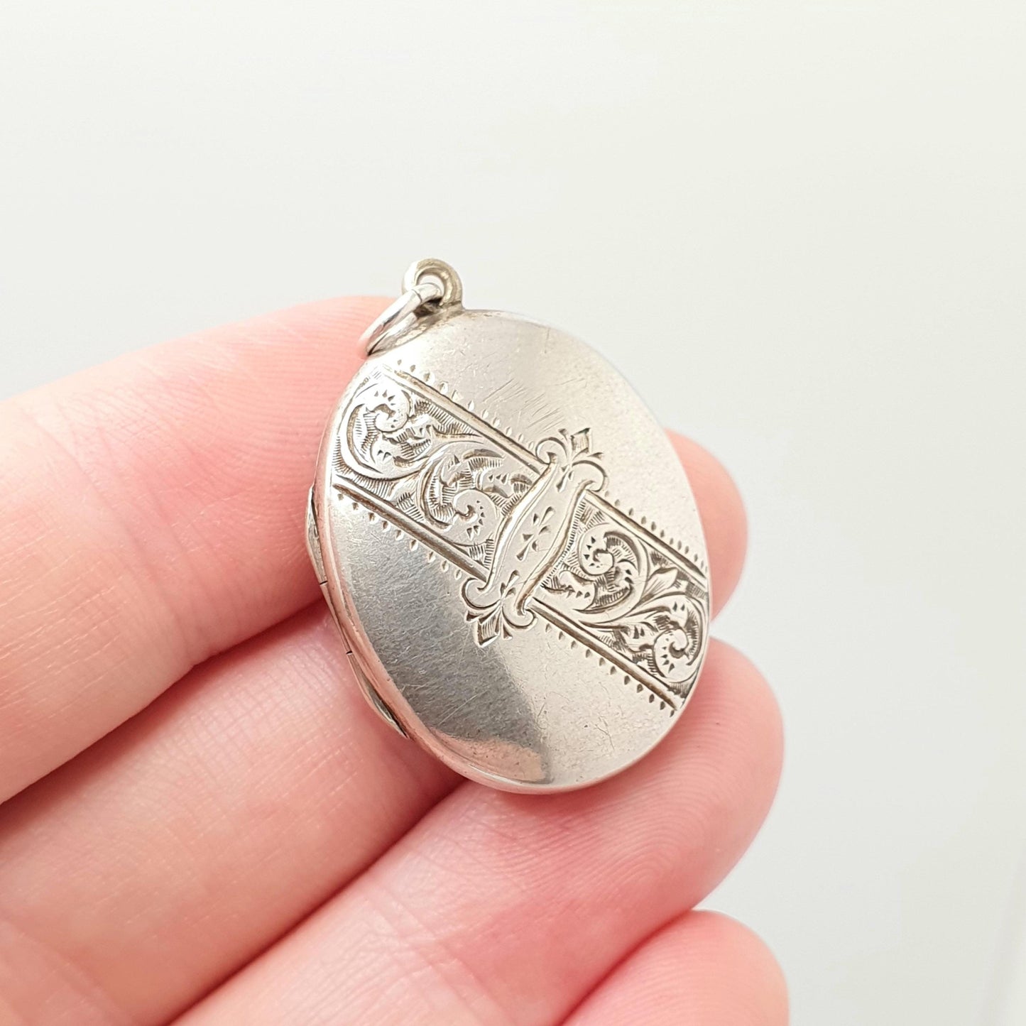 Antique Victorian Solid Silver Locket Buckle Hand Engraved Small Cute Oval Pendant Necklace Sweet Gift Womens Jewelry Vintage Jewellery