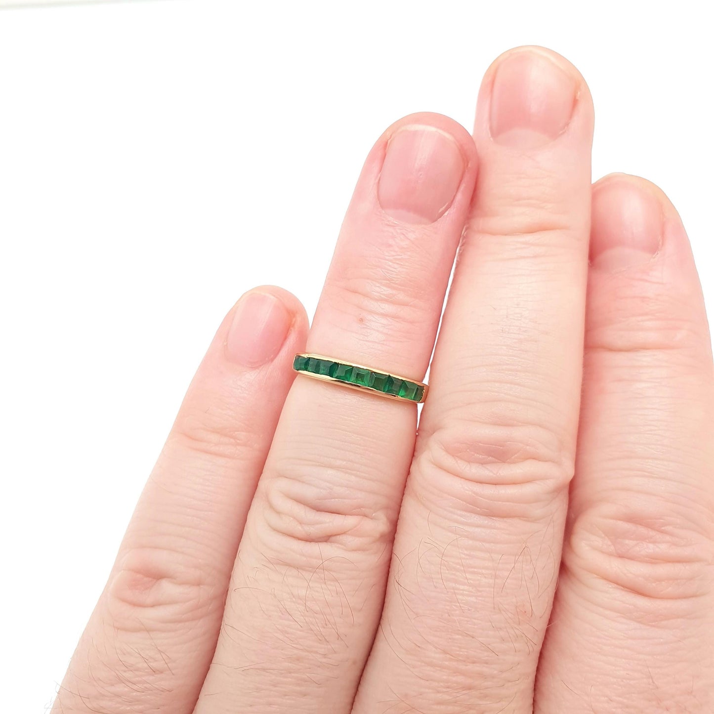 Vintage 18k 18ct Gold Emerald Ring Channel Square Cut Half Eternity Solid 750 Green Gemstone Yellow Stacker Ladies Womens Jewelry Jewellery
