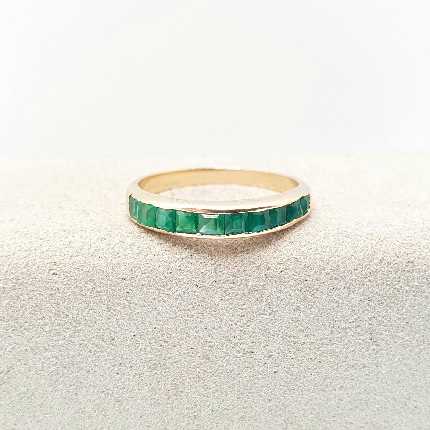 Vintage 18k 18ct Gold Emerald Ring Channel Square Cut Half Eternity Solid 750 Green Gemstone Yellow Stacker Ladies Womens Jewelry Jewellery