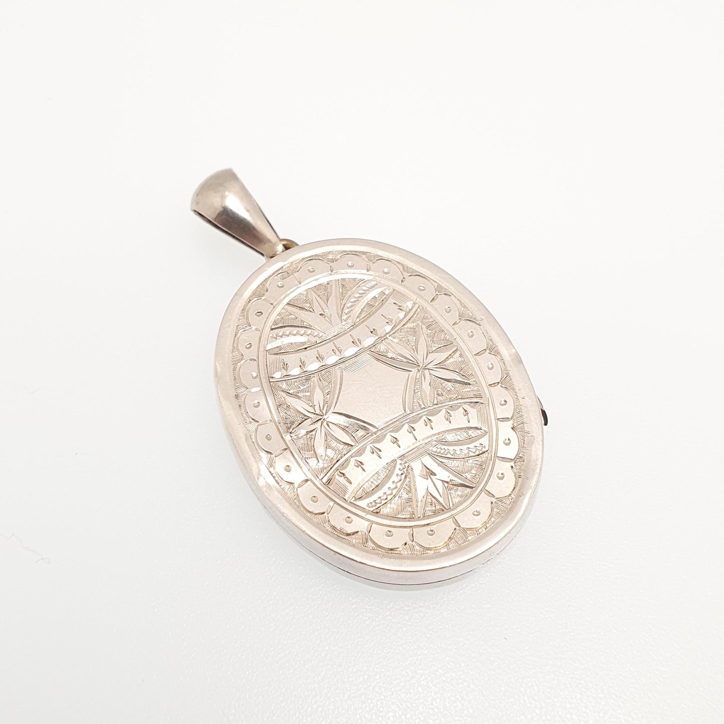 Antique Victorian Solid Silver Locket Bird Engraved Geometric Pendant Picture Photo Etruscan Stepped Vintage Womens Jewelry Jewellery