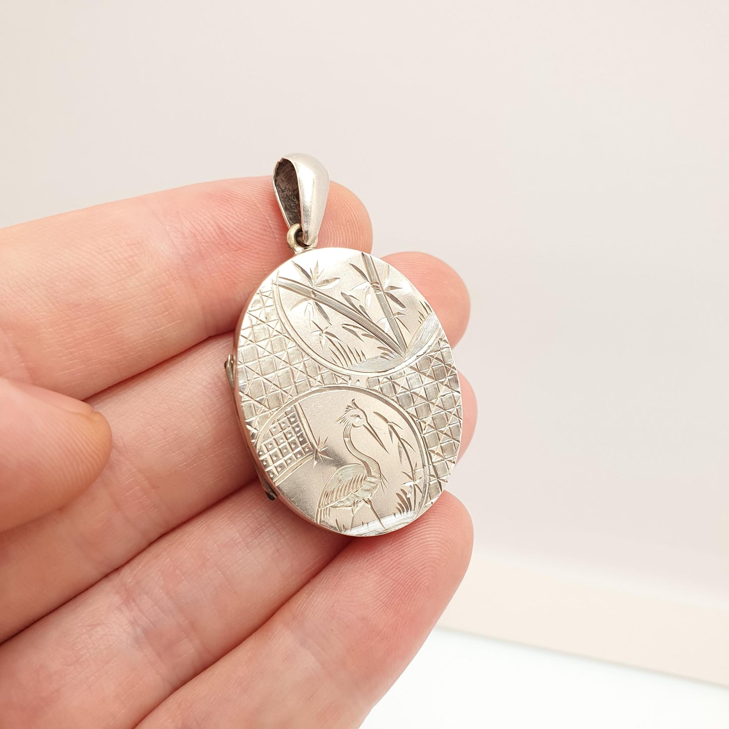 Antique Victorian Solid Silver Locket Bird Engraved Geometric Pendant Picture Photo Etruscan Stepped Vintage Womens Jewelry Jewellery