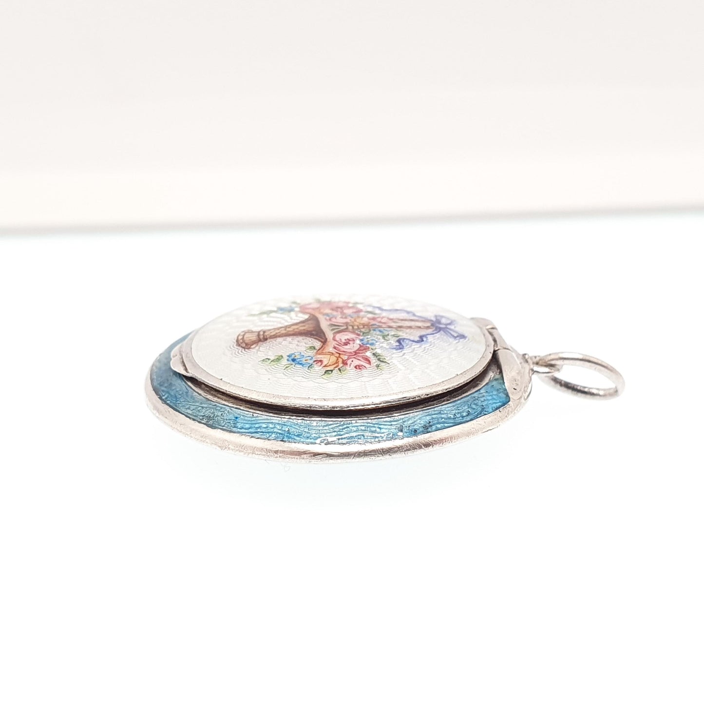Antique Solid Silver Enamel Powder Compact Locket Pendant Champleve Giardinetti Flower Basket Vintage 935 Womens Jewelry Jewellery