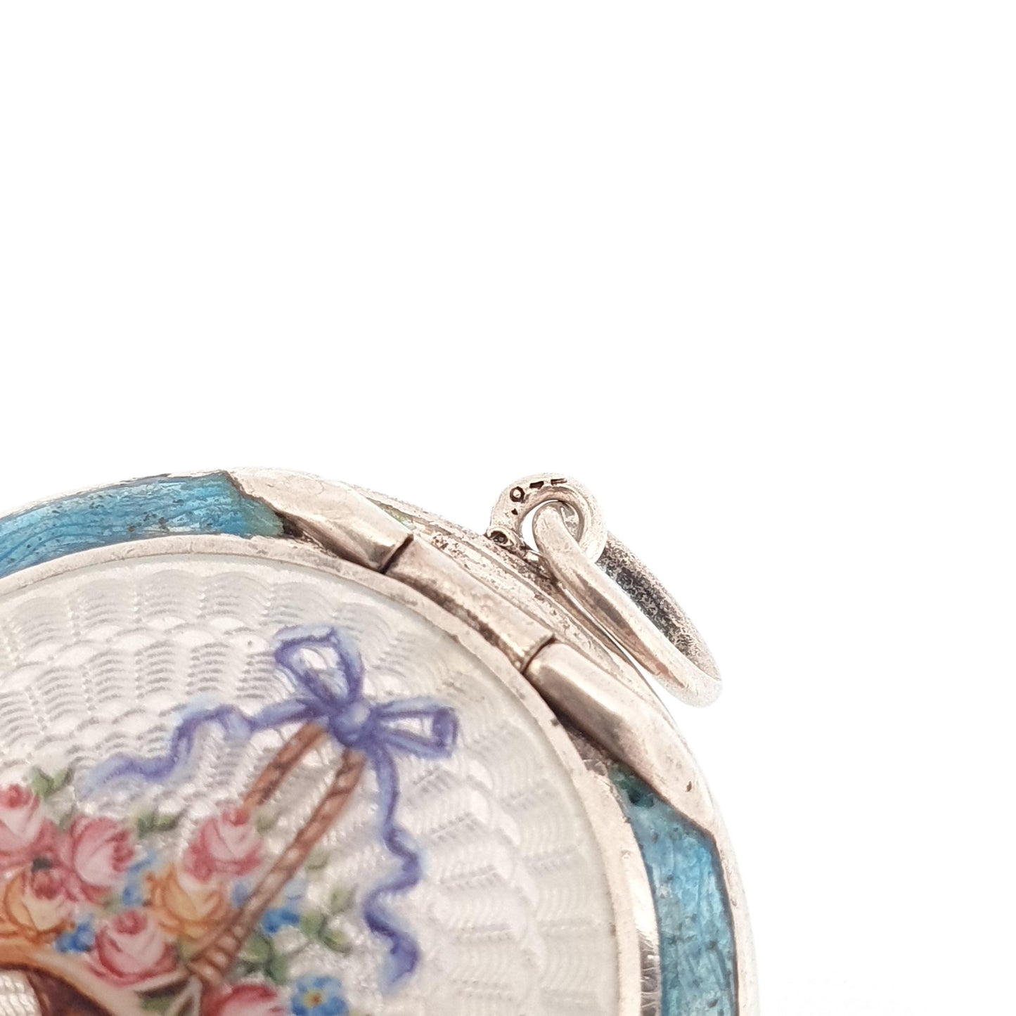 Antique Solid Silver Enamel Powder Compact Locket Pendant Champleve Giardinetti Flower Basket Vintage 935 Womens Jewelry Jewellery