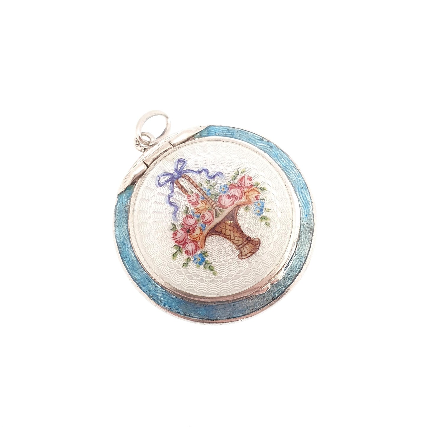 Antique Solid Silver Enamel Powder Compact Locket Pendant Champleve Giardinetti Flower Basket Vintage 935 Womens Jewelry Jewellery