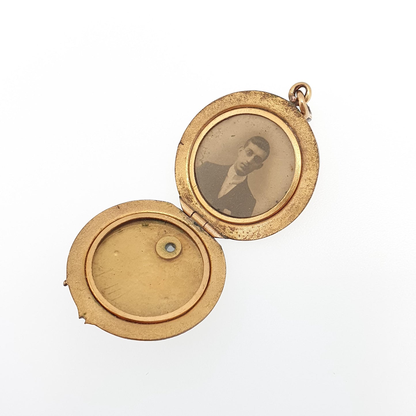 Antique Rolled Gold Locket Sapphire Paste Leaf Engraved Necklace Pendant Filled Round Circle Yellow Edwardian Vintage Jewellery Jewelry