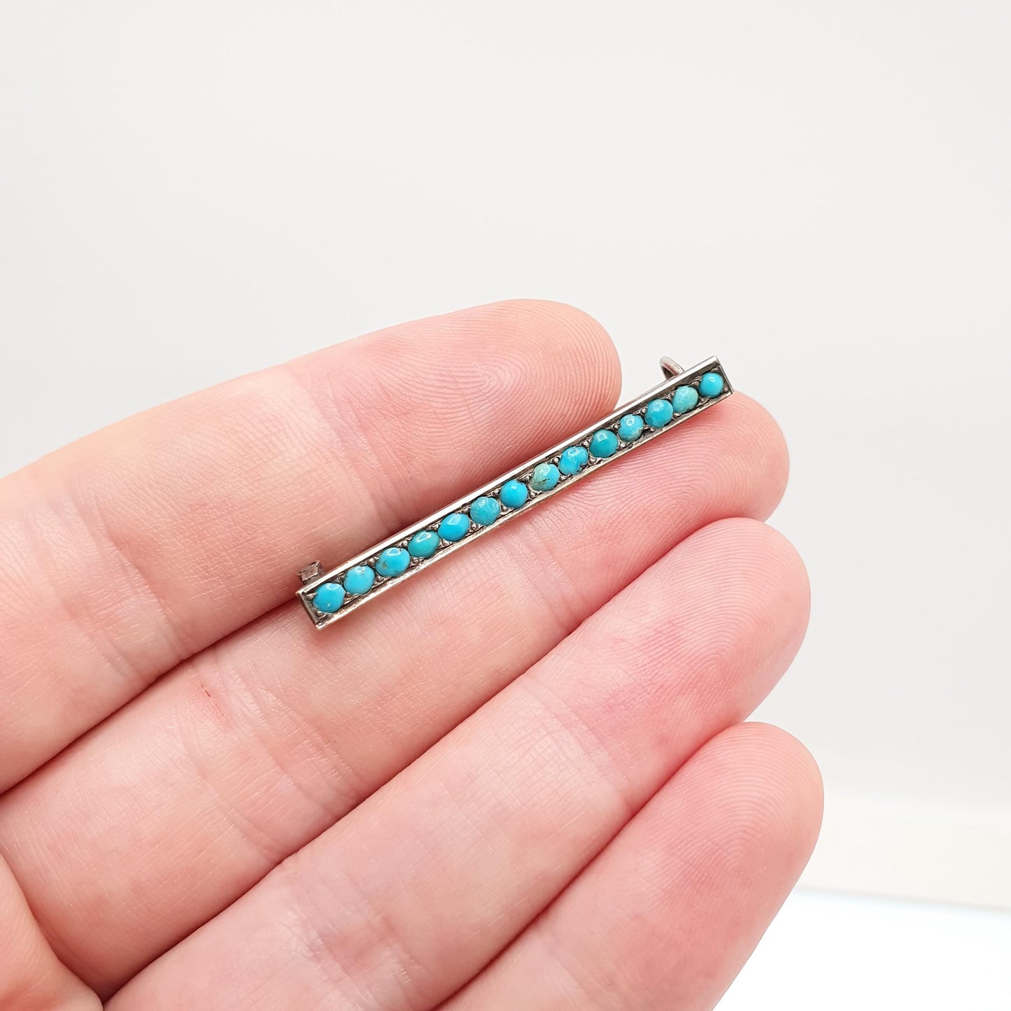 Antique Solid Silver Turquoise Brooch Victorian Bar Pin Rectangular Natural Gemstone Oval Cabochon Cyan Womens Jewelry Jewellery Vintage
