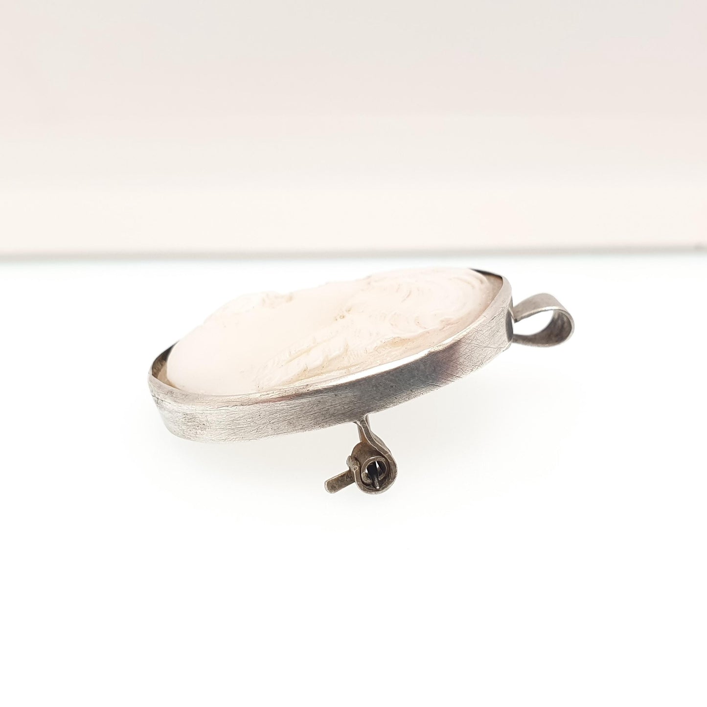 Antique Solid Silver Cameo Pendant Brooch Pin Flower on Shoulder Genuine Shell 1920s Border Oval Vintage Italian Womens Jewelry Jewellery