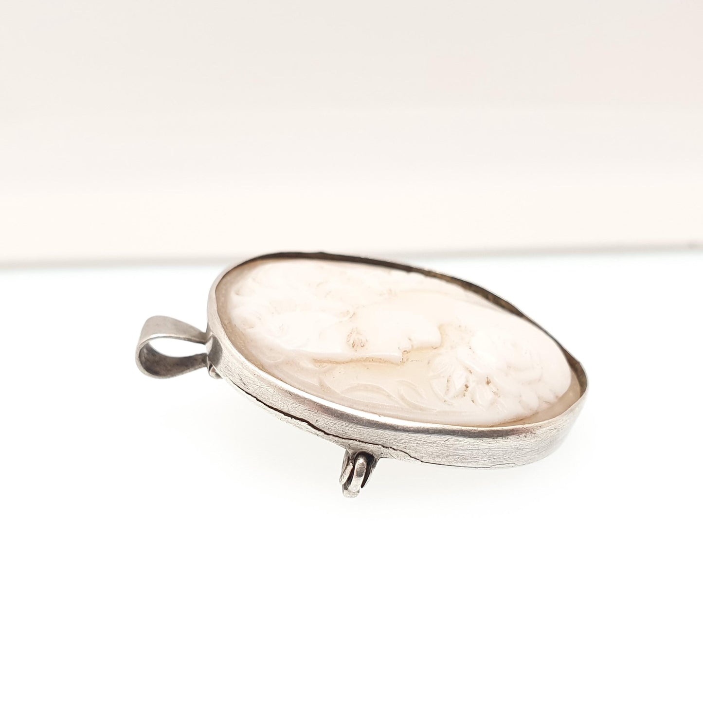 Antique Solid Silver Cameo Pendant Brooch Pin Flower on Shoulder Genuine Shell 1920s Border Oval Vintage Italian Womens Jewelry Jewellery