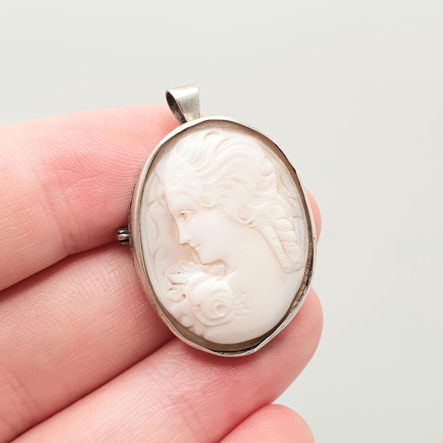 Antique Solid Silver Cameo Pendant Brooch Pin Flower on Shoulder Genuine Shell 1920s Border Oval Vintage Italian Womens Jewelry Jewellery