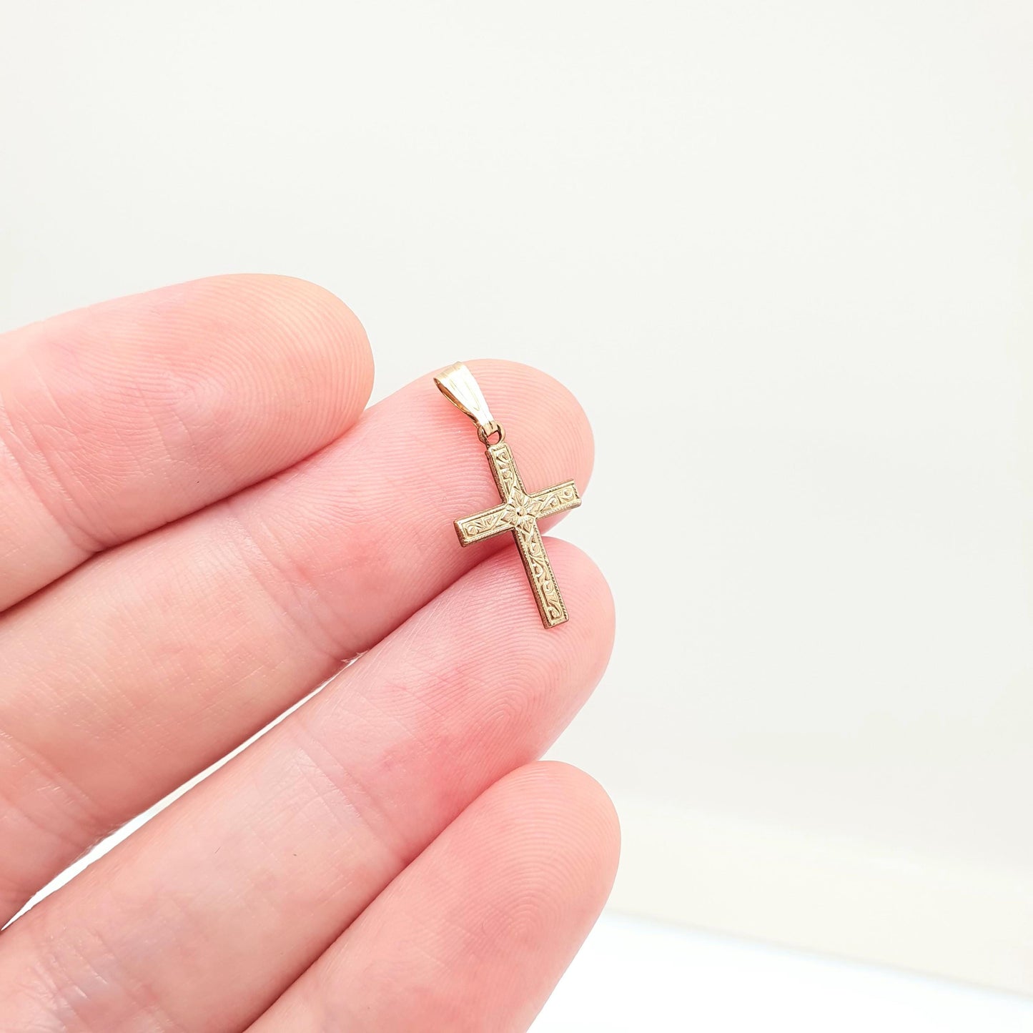 Vintage 9ct 9k Gold Crucifix Cross Necklace Pendant Charm Solid 375 Christian Catholic Christ Embossed Small Retro Womens Jewellery Jewelry