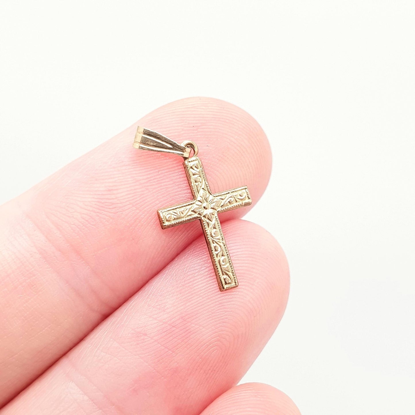 Vintage 9ct 9k Gold Crucifix Cross Necklace Pendant Charm Solid 375 Christian Catholic Christ Embossed Small Retro Womens Jewellery Jewelry