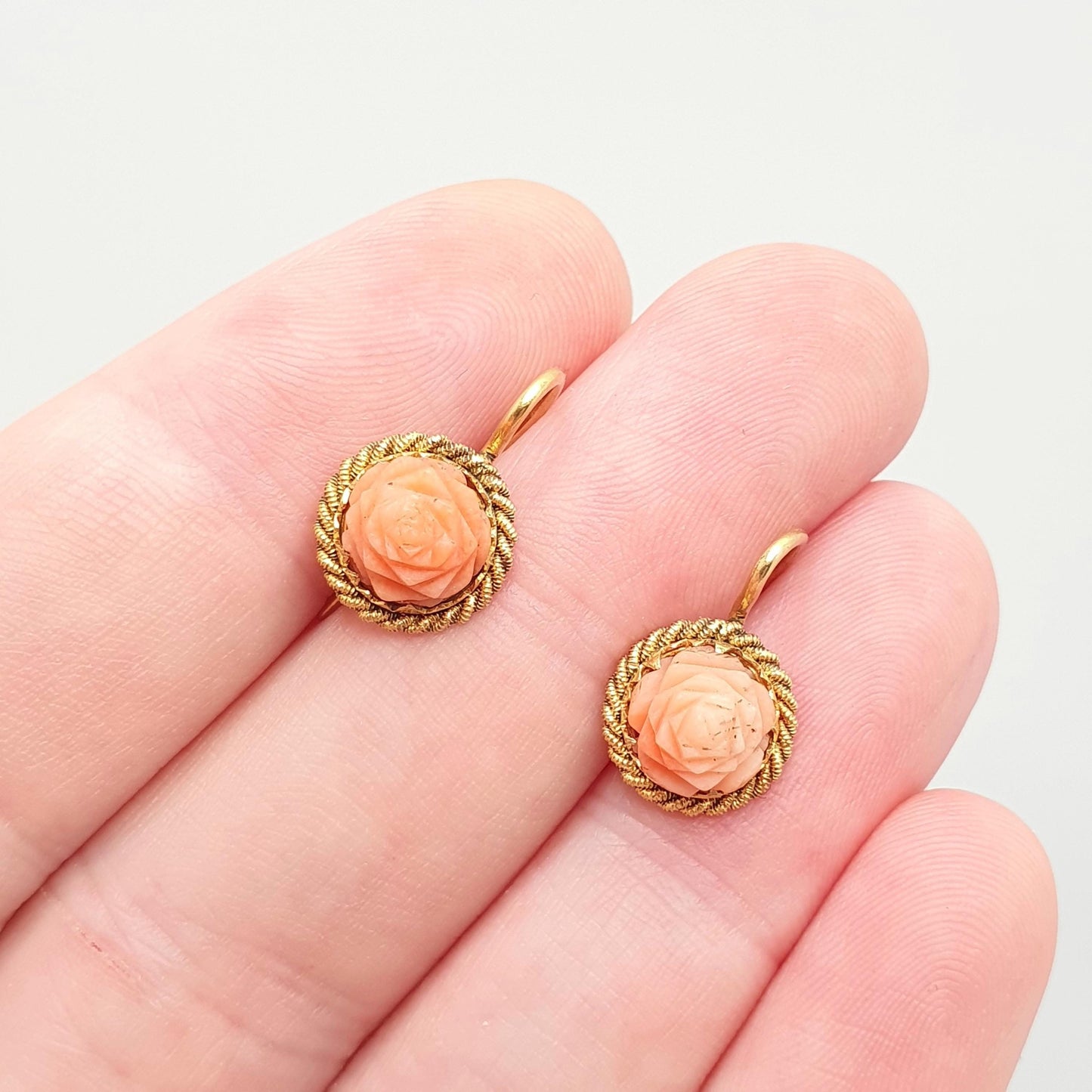 Antique 18k 18ct Gold Coral Earrings Carved Flower Angle Skin Orange Solid 750 Hook Drop Dangle Italian Elegant Womens Jewelry Jewellery