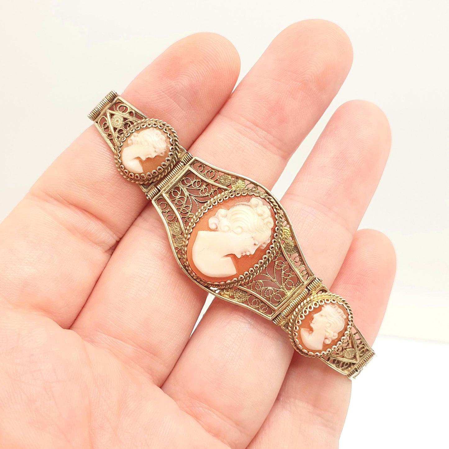 Old Vintage Solid Silver Cameo Bracelet Filigree 800 Handmade Italian 1950s Gold Gilded Shell Hand Carved Artisan Womens Jewelry Jewellery