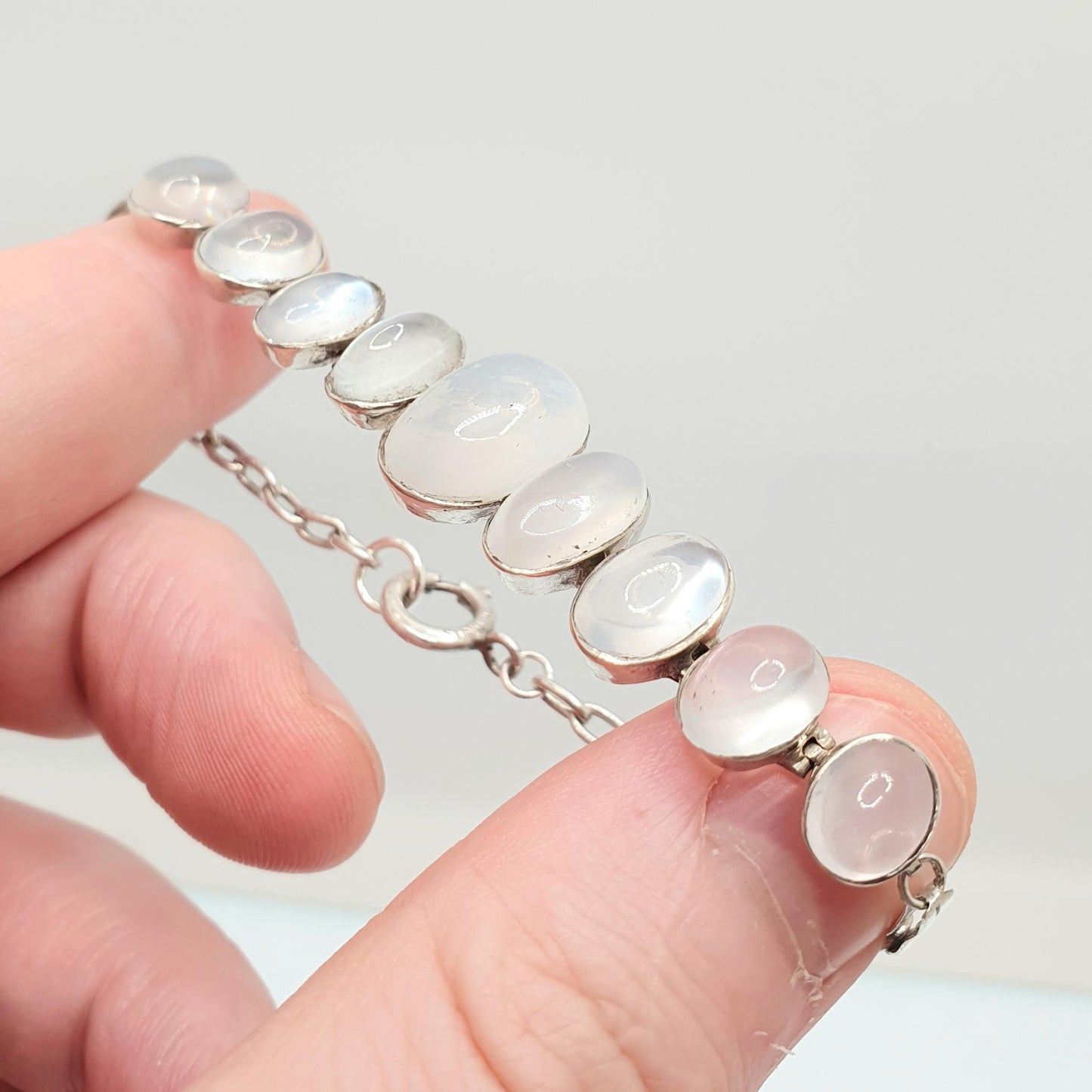 Antique Solid Silver Moonstone Bracelet Edwardian Genuine Real Moonstones Oval Cabochon Adularescence Fine Gift Womens Jewelry Jewellery