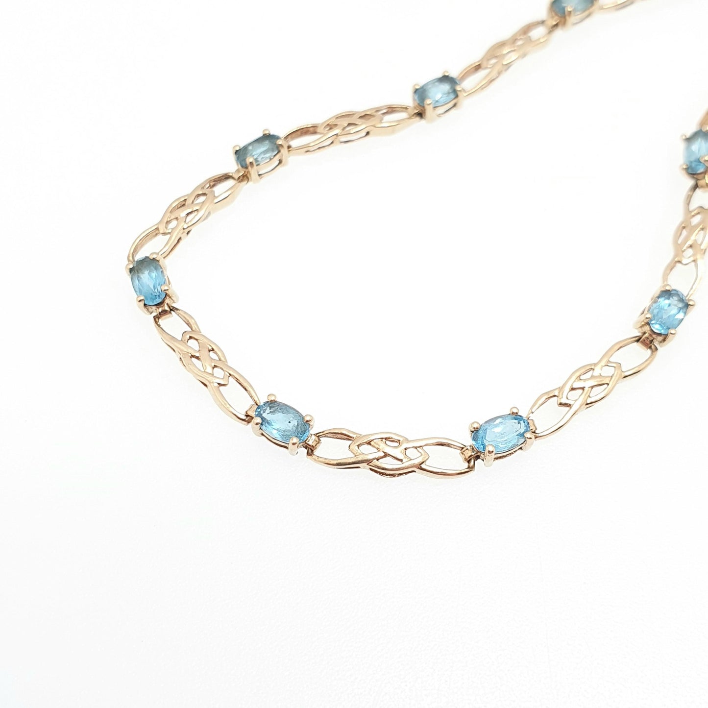 Vintage 9k 9ct Gold Aquamarine Topaz Bracelet Celtic Knot 18.5cm 7.25" 4.04g Hallmarked Solid Gemstone Swiss Blue Womens Jewellery Jewelry