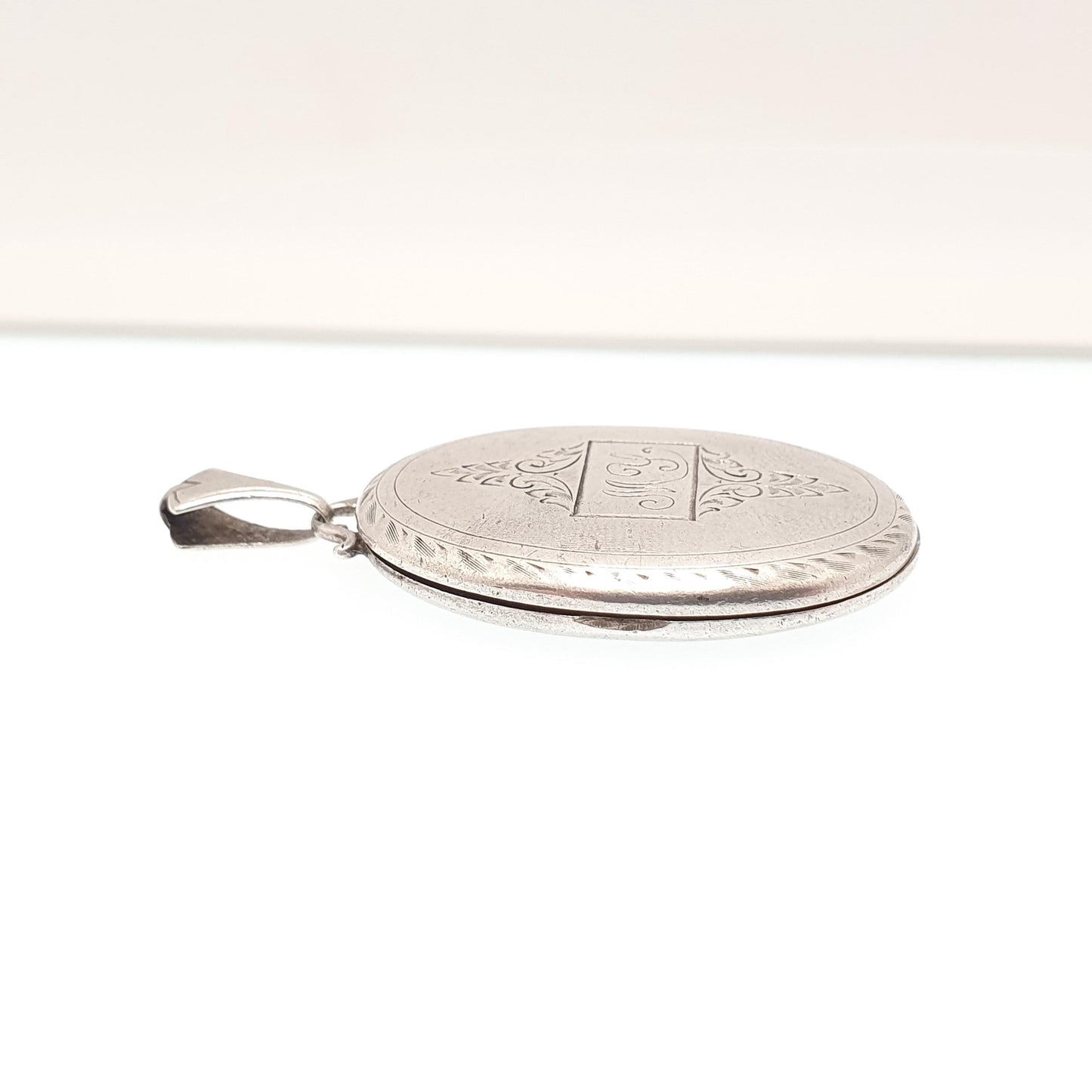 Antique Victorian Sterling Silver Locket MY Monogram Engraved Large Big Oval Pendant Picture Photo 1800s Vintage Womens Jewelry Jewellery