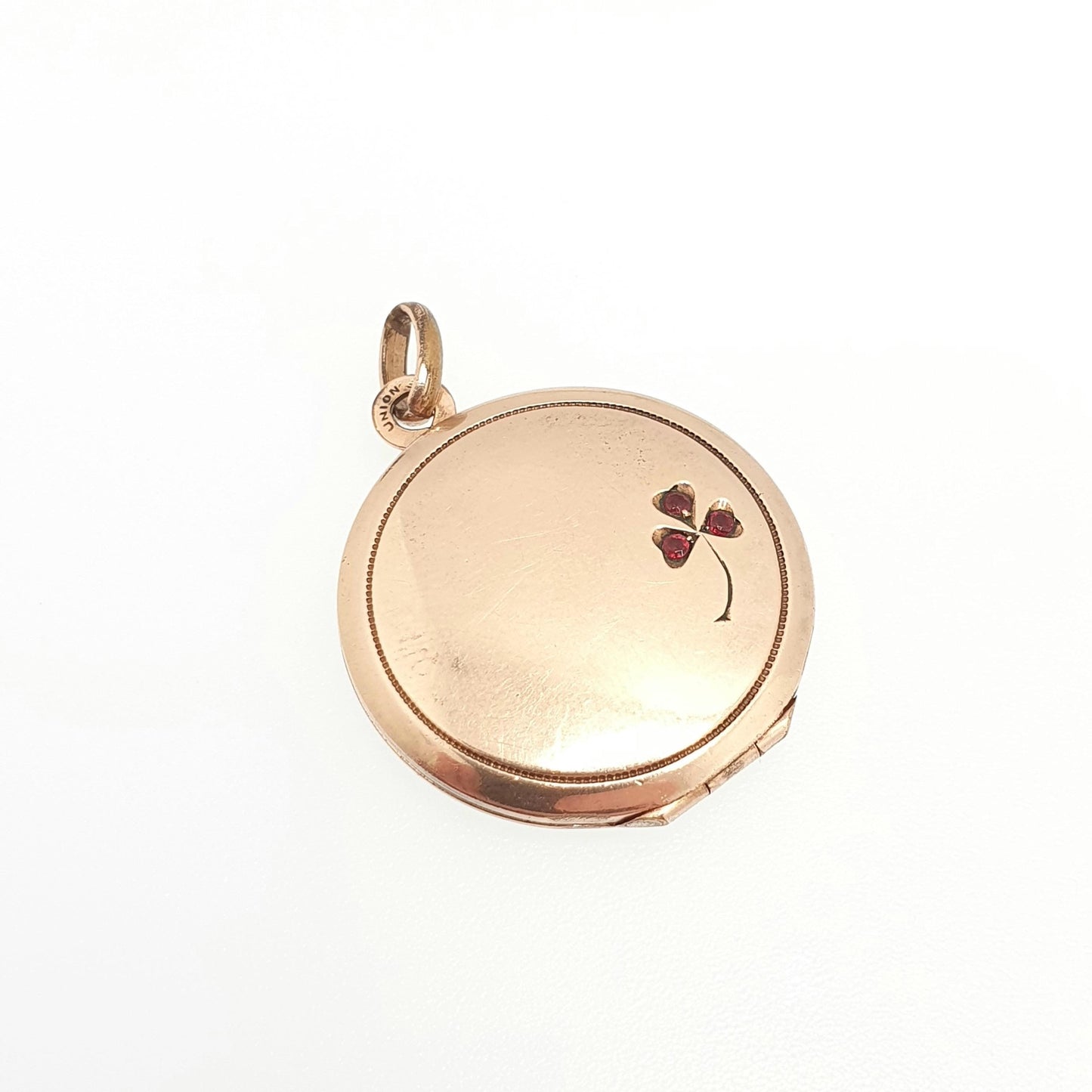 Antique Rolled Rose Gold Locket Clover Ruby Paste Necklace Pendant Lucky Good Luck Filled Gift Edwardian Round Vintage Jewellery Jewelry