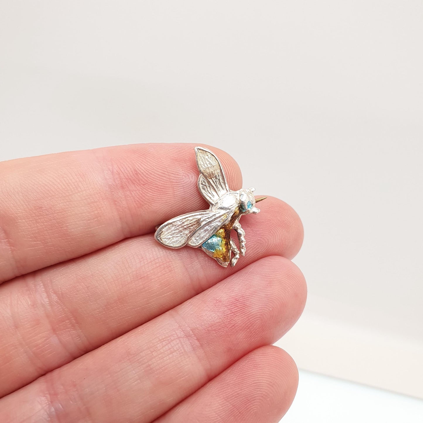 Antique Enamel Bee Brooch Pin Insect Silver Plate Champleve Songbird Swallow Vintage Cute Gift Fly Honeybee Ladies Womens Jewellery Jewelry