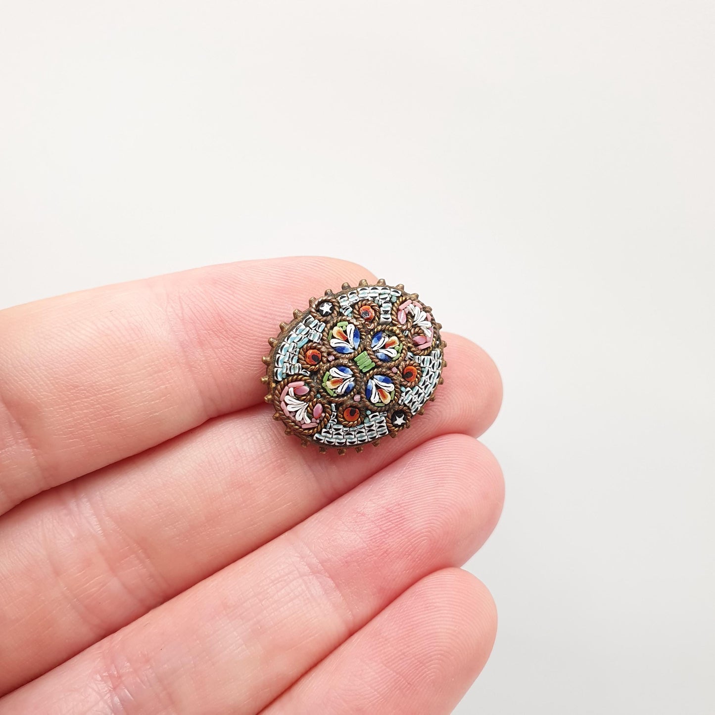 Antique Victorian Fine Micromosaic Brooch Micro Mosaic Gold Gilt Dome Flower Small Millefiori Italy Italian 1800s Vintage Jewelry Jewellery