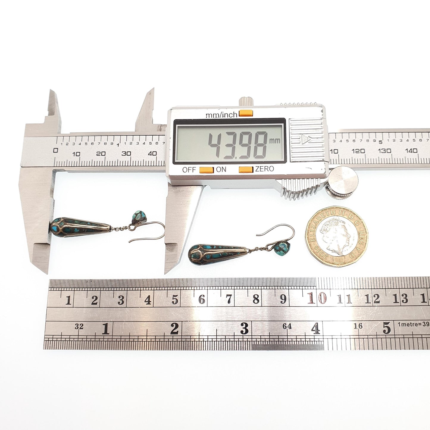 Antique Victorian Turquoise Matrix Earrings Hook Dangle Teardrop Pendulum Indian Hook Handmade Silver Tone Natural Vintage Jewelry Jewellery