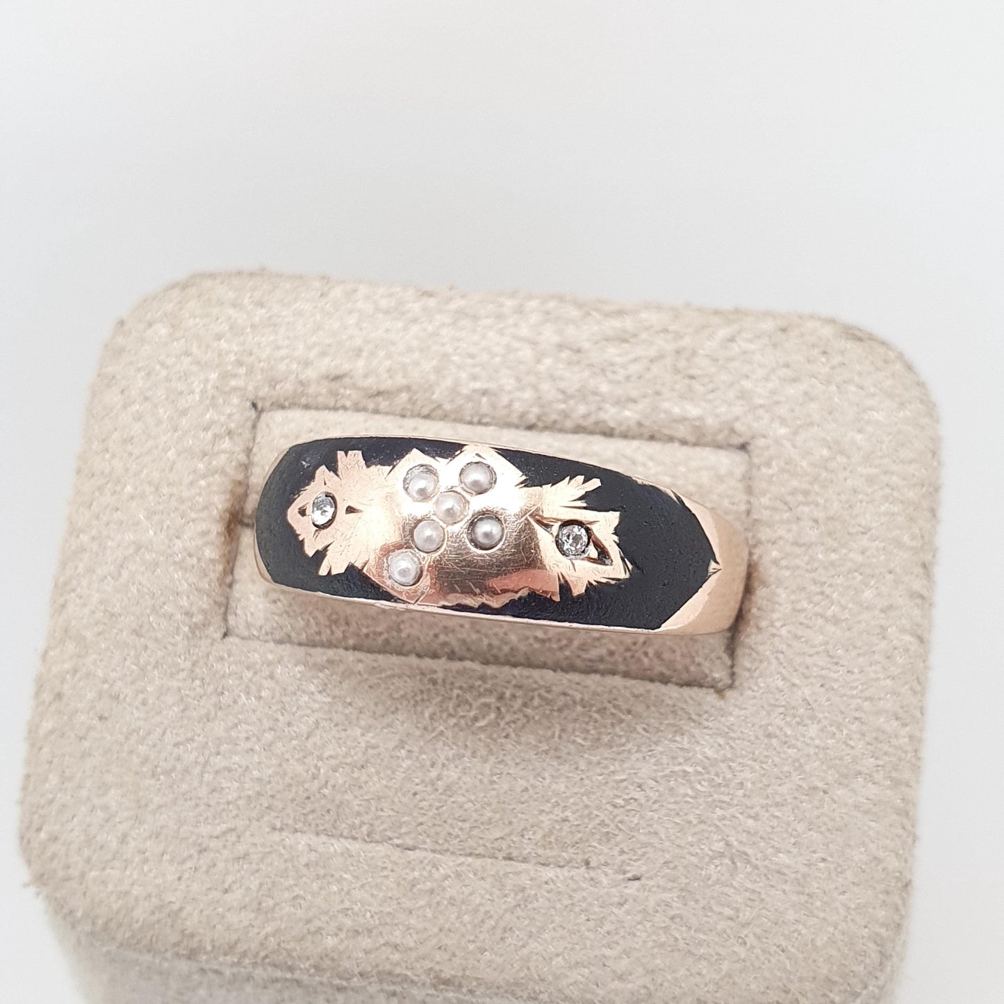 Antique 9ct 9k Gold Mourning Ring Seed Pearl Black Enamel Crucifix Cross 1901 Hallmark Solid 375 Paste Womens Vintage Jewelry Jewellery