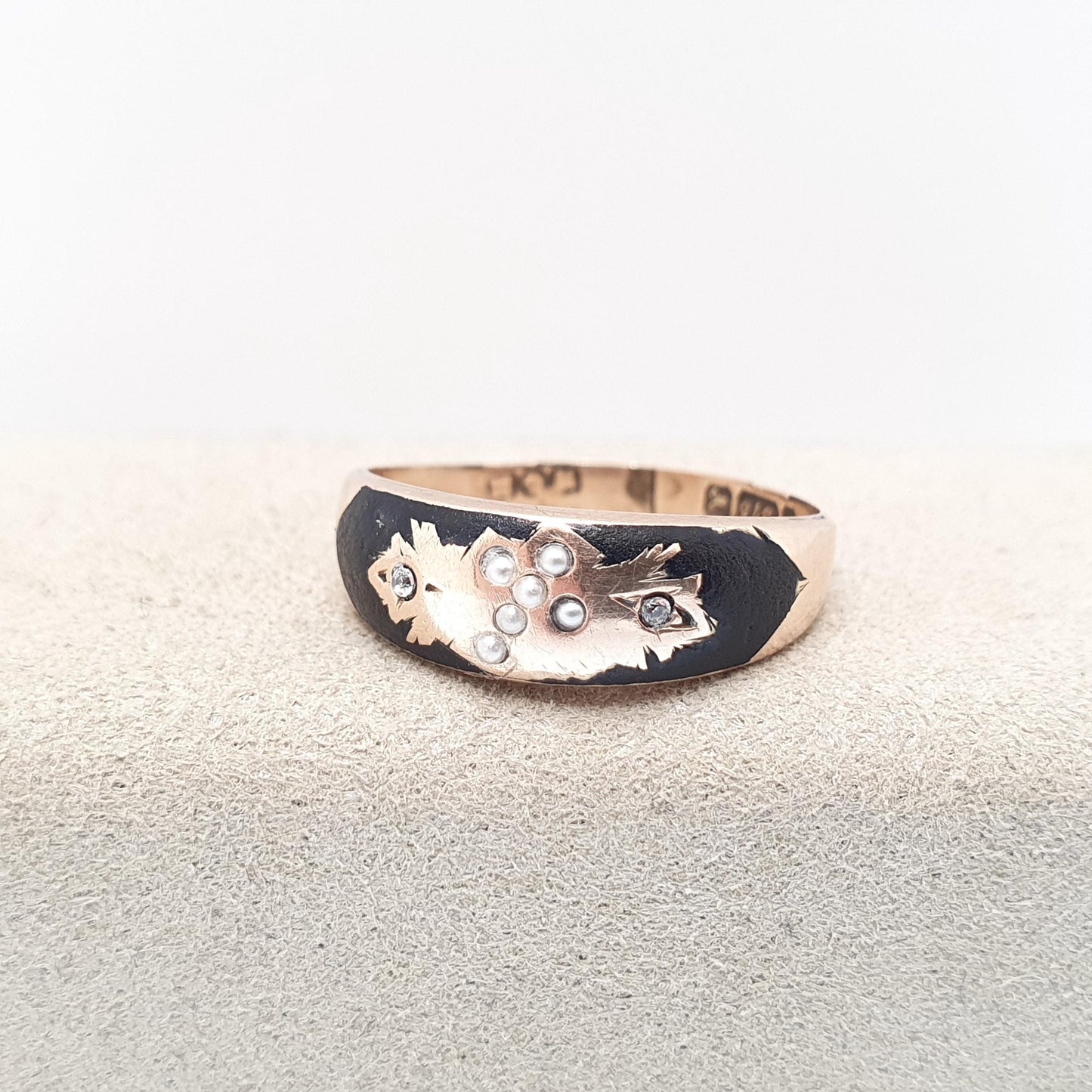 Antique 9ct 9k Gold Mourning Ring Seed Pearl Black Enamel Crucifix Cross 1901 Hallmark Solid 375 Paste Womens Vintage Jewelry Jewellery