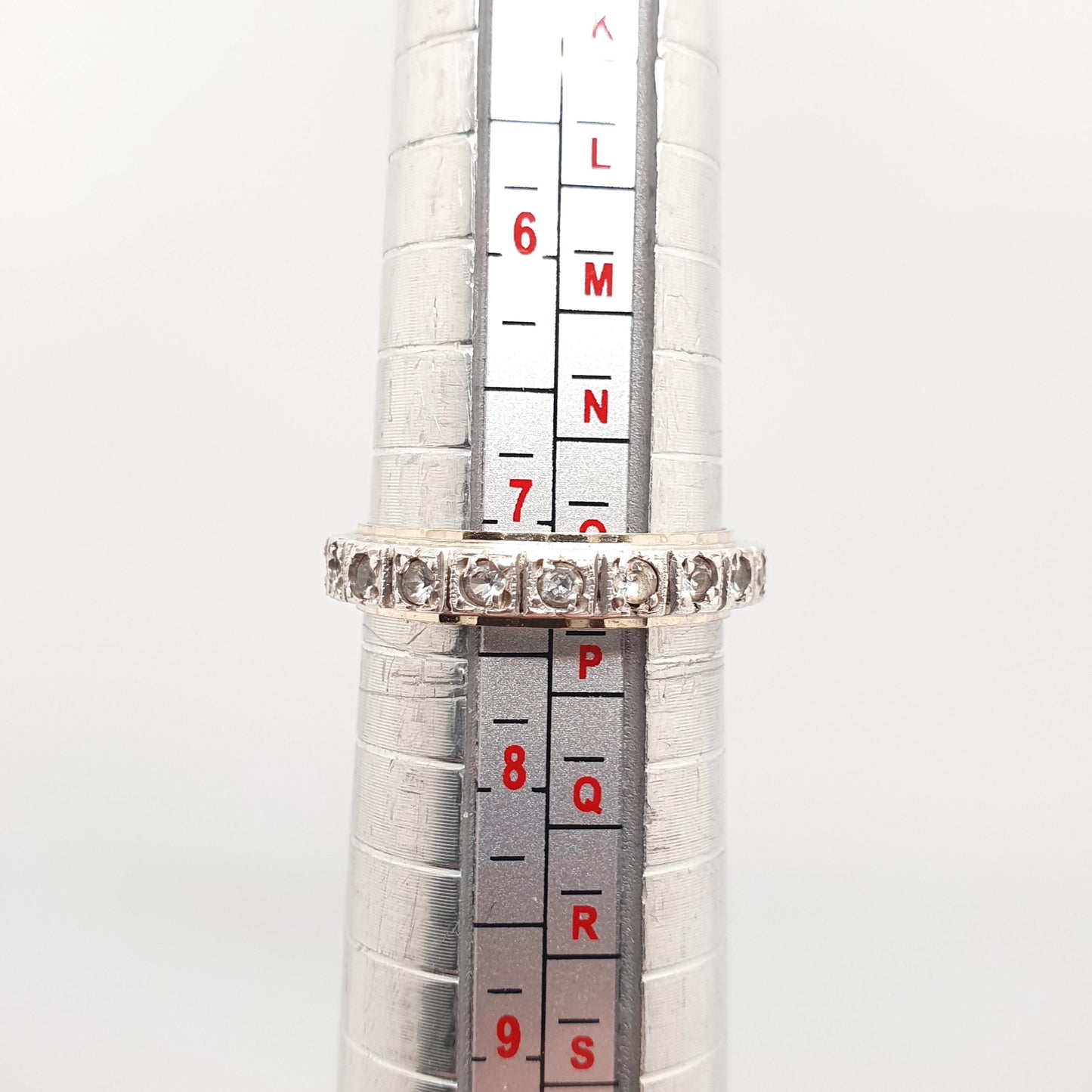 Antique 9ct 9k Gold Sterling Silver Eternity Ring Diamond White Spinel Band Art Deco Fine Estate Sparkly Full 1950s Womens Jewelry Jewellery