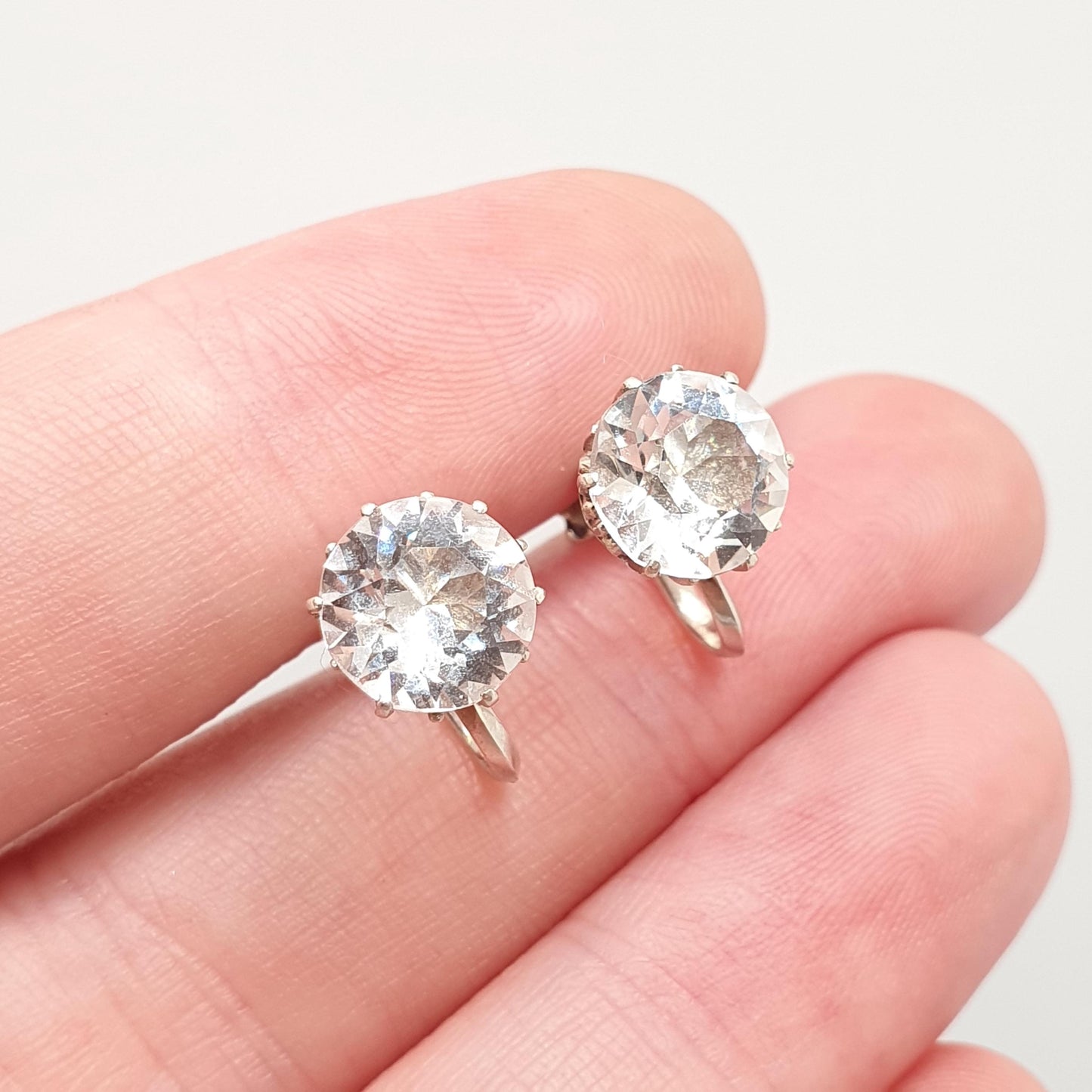 Antique Solid Silver Diamond Paste Earrings Art Deco Solitaire Large Big Round Cut Screw Back Sparkly White Vintage Jewelry Jewellery