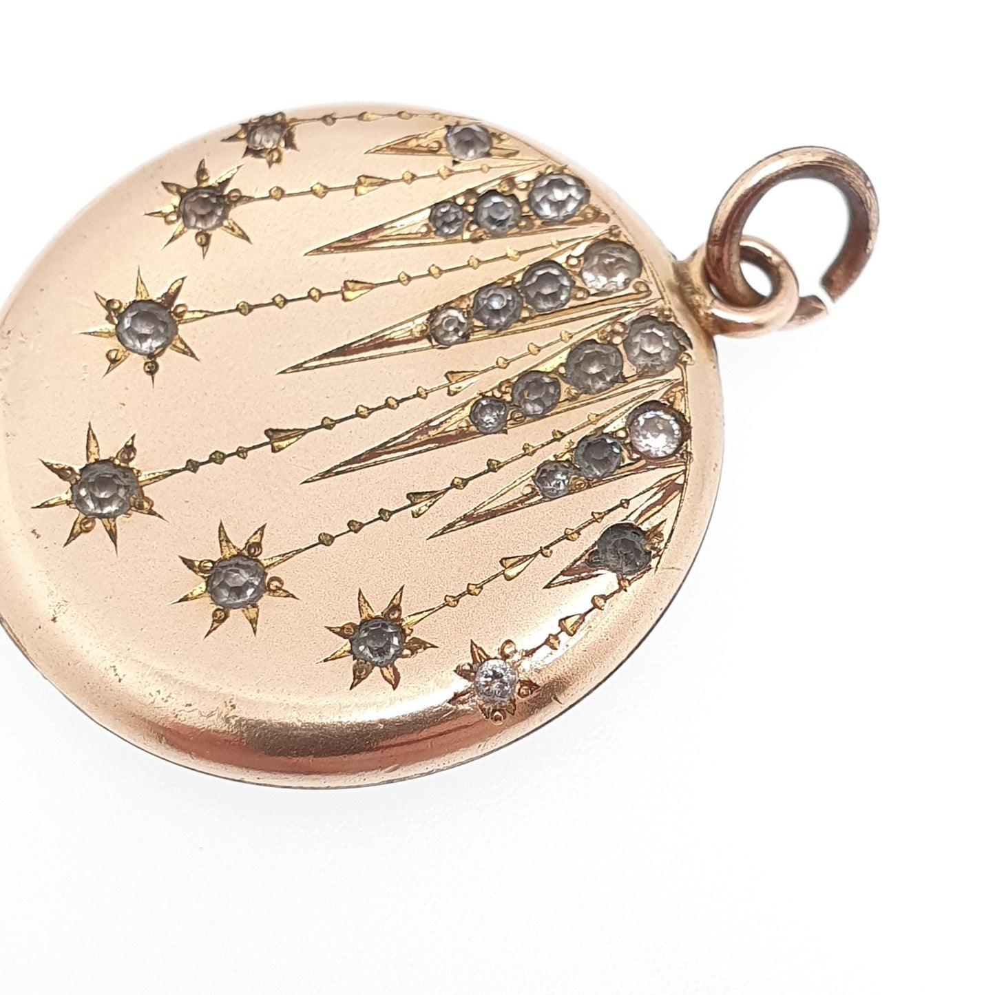 Antique Crescent Moon Rolled Gold Locket Diamond Paste Centre Filled Sparkly Round Circle Rare Photo Womens Vintage Jewelry Jewellery