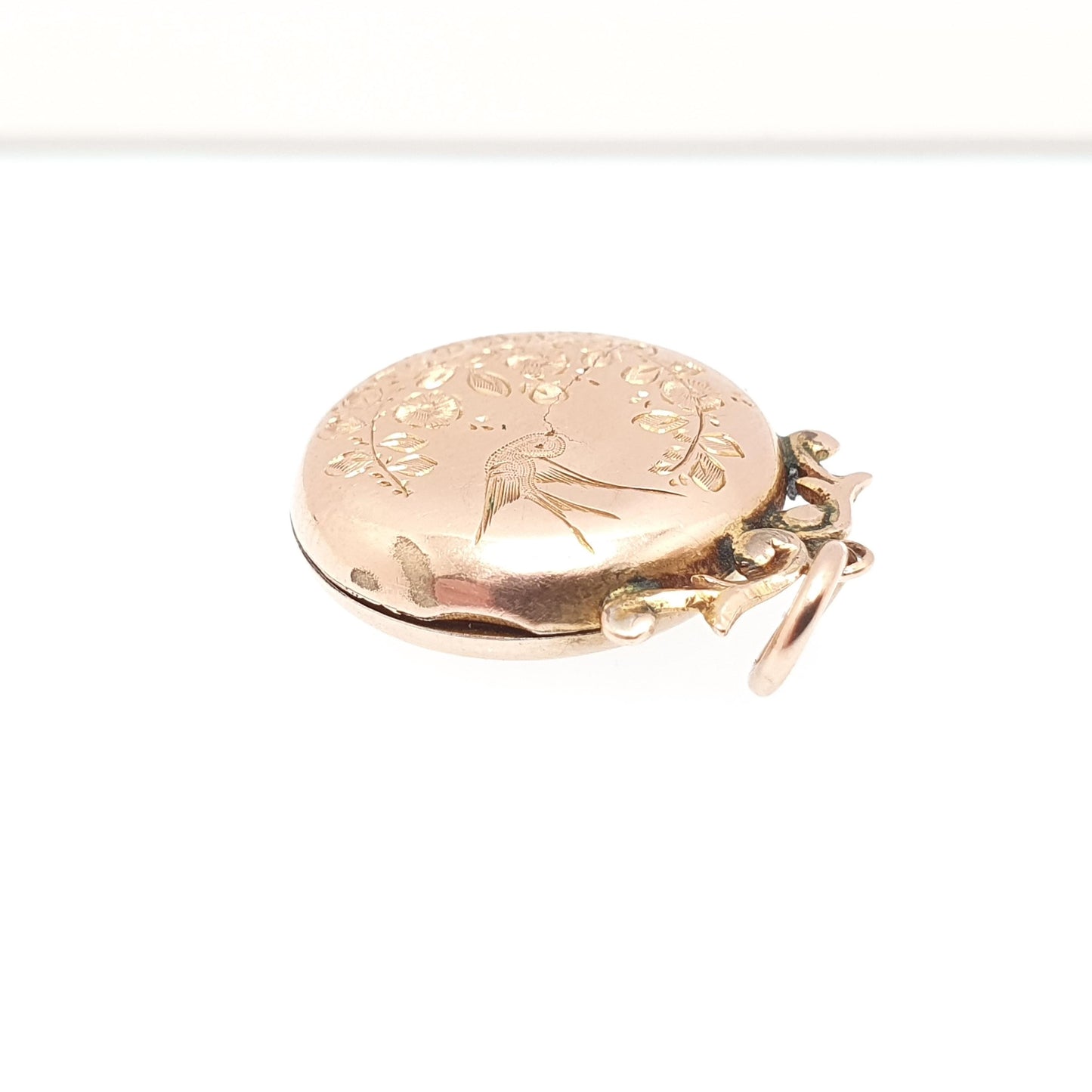 Antique 9ct Gold Bird Locket Solid 9k 375 Round Scroll Bail Pendant Fine Estate Big Love Gift Back & Front Necklace Jewelry Womens Jewellery