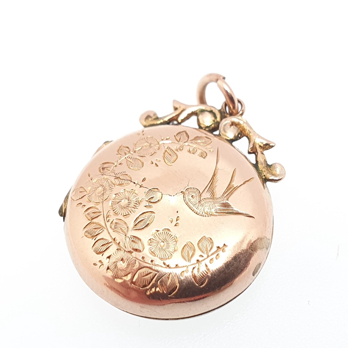Antique 9ct Gold Bird Locket Solid 9k 375 Round Scroll Bail Pendant Fine Estate Big Love Gift Back & Front Necklace Jewelry Womens Jewellery