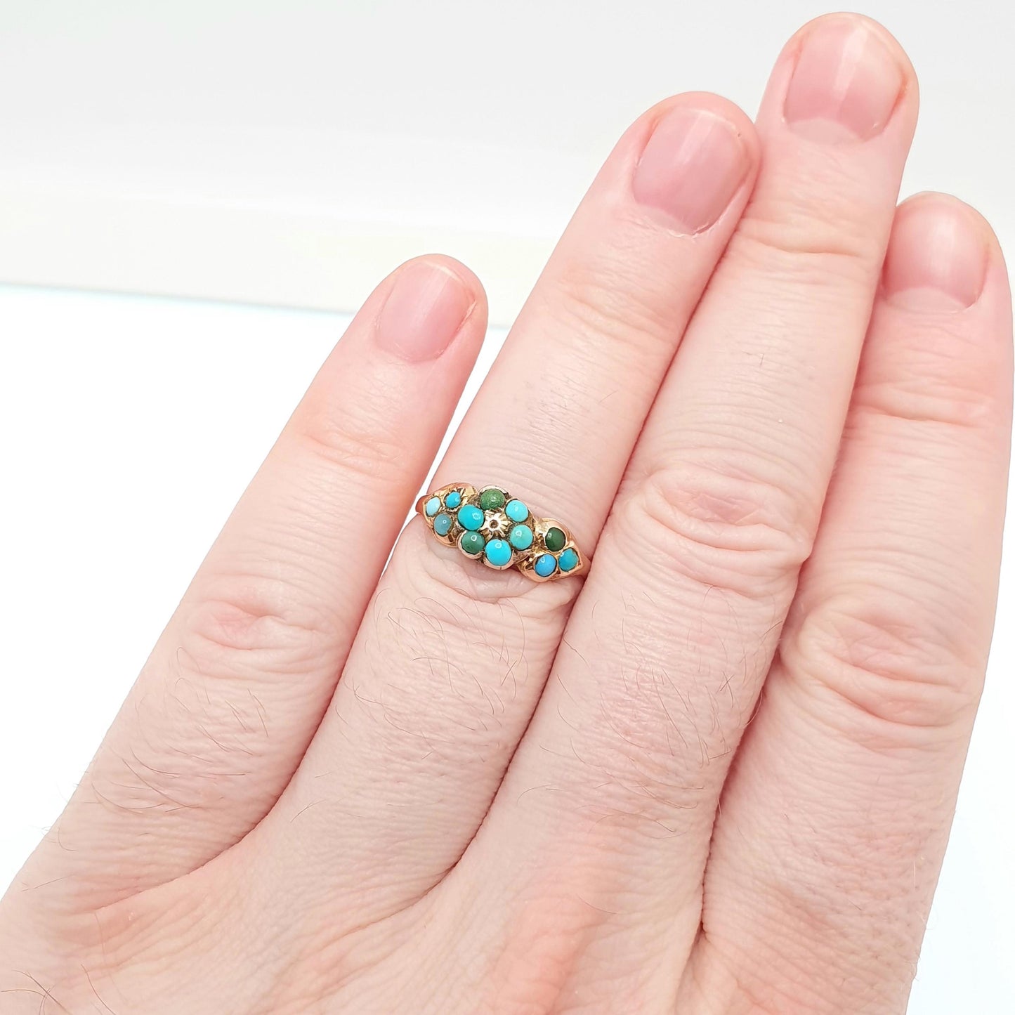 Antique Victorian 9ct Gold Turquoise Ring Cluster Forget Me Not Solid 9k 375 Natural Gemstone Fine Gift Womens Vintage Jewelry Jewellery