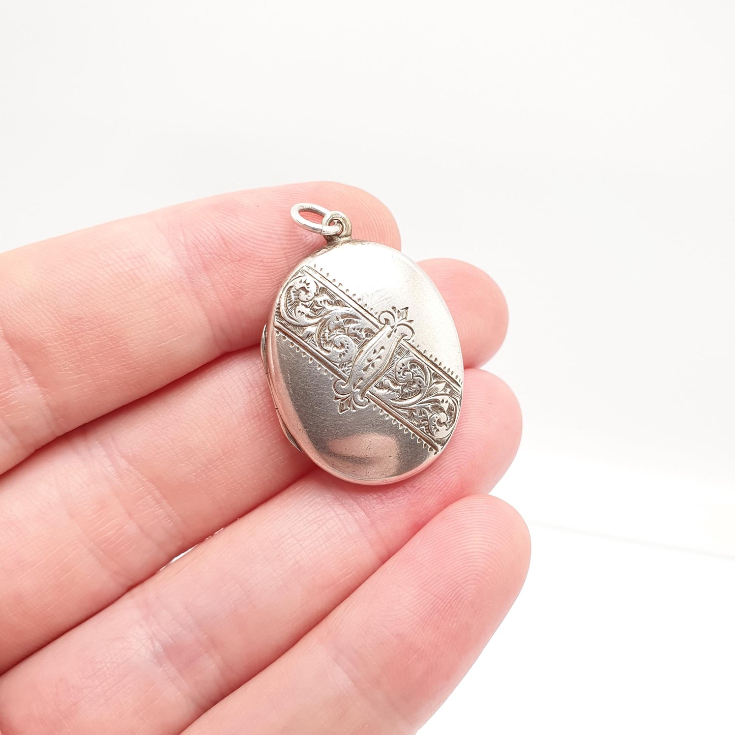 Antique Victorian Solid Silver Locket Buckle Hand Engraved Small Cute Oval Pendant Necklace Sweet Gift Womens Jewelry Vintage Jewellery