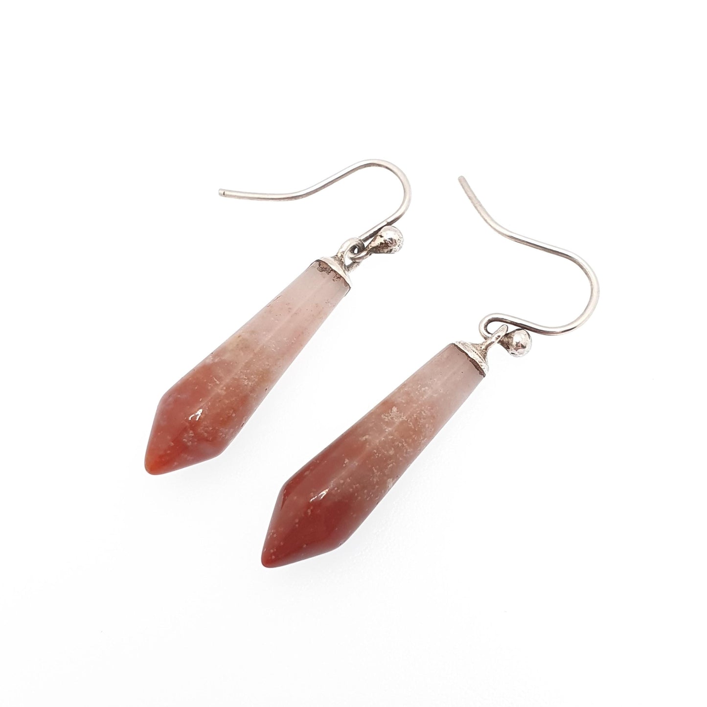Antique Solid Silver Agate Earrings Teardrop Conical Bead Genuine Quartz Art Deco Vintage 1920s Hook Dangle Drop Womens Jewelry Jewellery