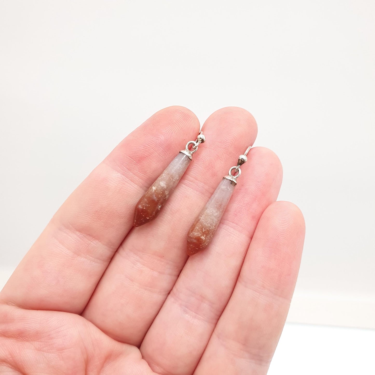 Antique Solid Silver Agate Earrings Teardrop Conical Bead Genuine Quartz Art Deco Vintage 1920s Hook Dangle Drop Womens Jewelry Jewellery