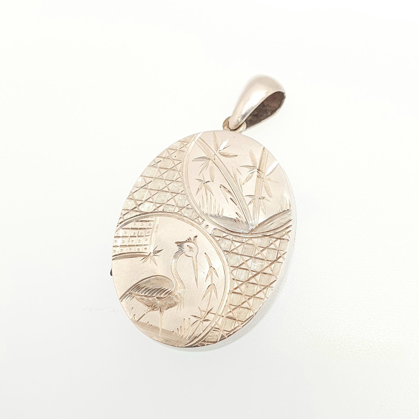 Antique Victorian Solid Silver Locket Bird Engraved Geometric Pendant Picture Photo Etruscan Stepped Vintage Womens Jewelry Jewellery