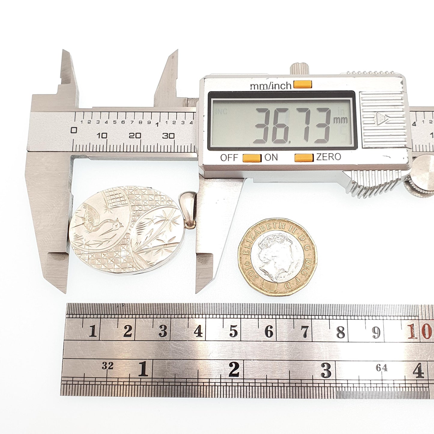 Antique Victorian Solid Silver Locket Bird Engraved Geometric Pendant Picture Photo Etruscan Stepped Vintage Womens Jewelry Jewellery