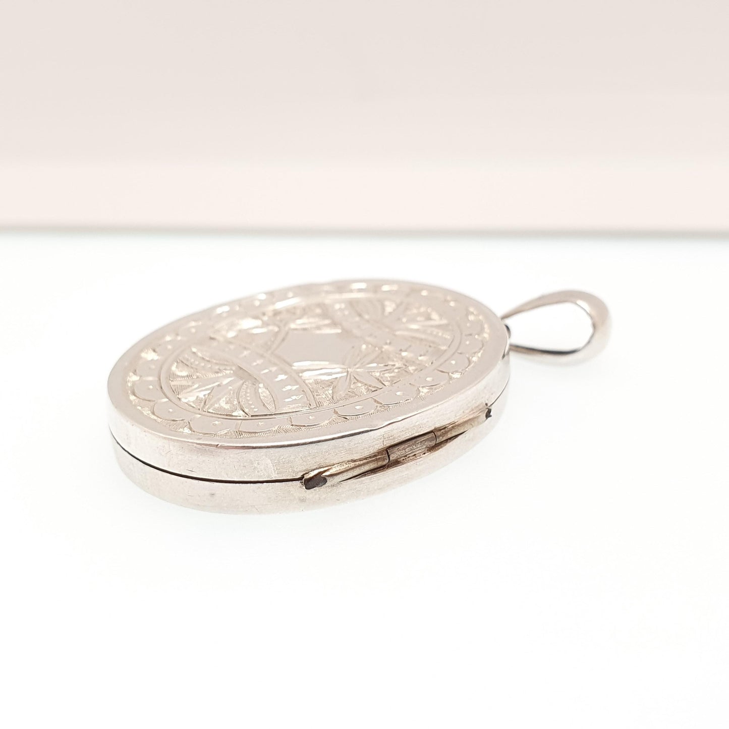 Antique Victorian Solid Silver Locket Bird Engraved Geometric Pendant Picture Photo Etruscan Stepped Vintage Womens Jewelry Jewellery