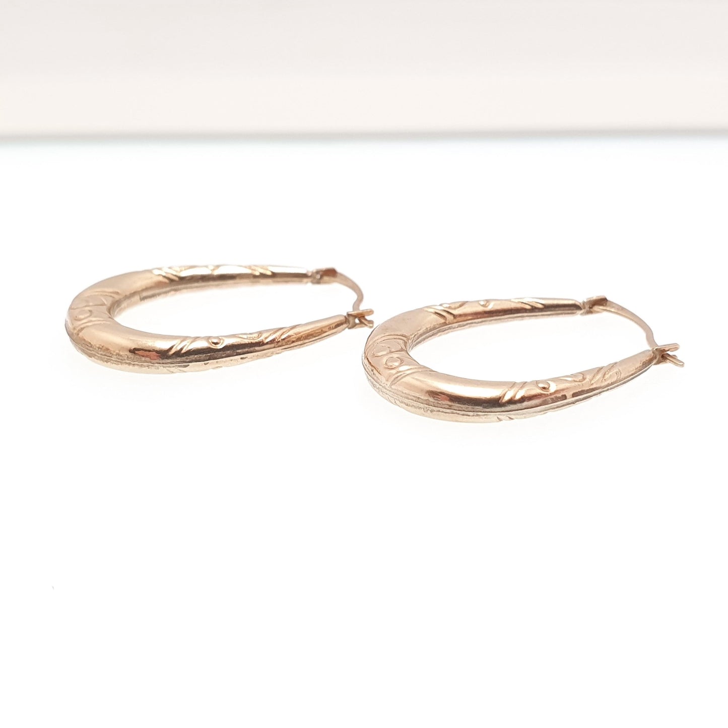 Vintage 9ct 375 Gold Creole Hoop Earrings Gypsy Solid Yellow 9k Leaf Wreath Texture 1980s Full Dangle Hanging Girls Womens Jewelry Jewellery